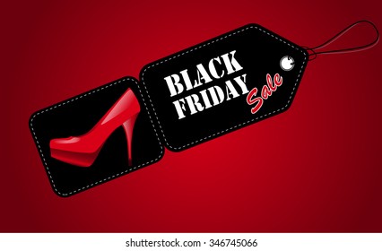 Black Friday sales tag and lady shoes isolate on red background