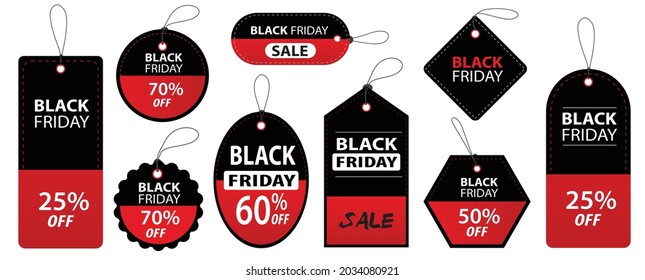 Black Friday sales tags, labels, banners with different shapes vector illustrations.