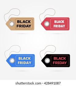 Black Friday, sales. Vector illustration. Big sale, discount, advertising, marketing tag. Four colored price stickers on the white background.