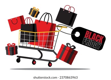 Black Friday Sales vector Illustration,shopping cart with price tag surrounded by shopping bags and gifts.