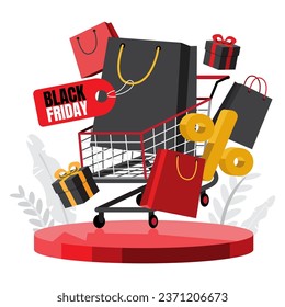 Black Friday Sales vector Illustration,shopping bags with tag, shopping cart, gifts.