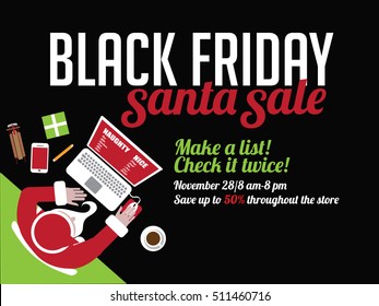 Black Friday Santa sale marketing template with Santa Claus inputting his naughty or nice list. EPS 10 vector illustration