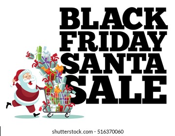 Black Friday Santa sale title design. With cartoon Santa Claus pushing a cart full of Christmas gifts. EPS 10 vector.