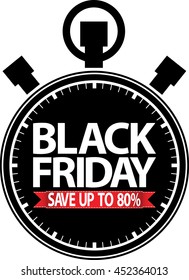 Black friday save up to 80% stopwatch black icon with red ribbon, vector illustration 