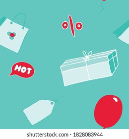 
Black Friday seamless pattern, colorful endless texture, vector image of a ballons, bag, gift in a flat style
