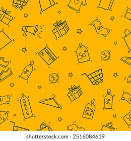 Viernes Negro Patrón sin fisuras doodle de los iconos de las compras Elementos Ilustración vectorial Amarillo y Azul.