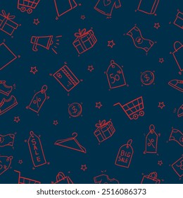 Black Friday Seamless Pattern doodle Of Shopping Icons elements Vector Illustration blue and red.