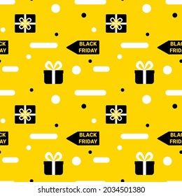 Patrón sin fisuras del Black Friday. Fondo infinito sobre fondo amarillo. Para sitios web, fondo de pantalla, papel de envoltura, scrapbooking, para imprimir en bolso de compras.