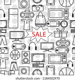 black friday seamless pattern with icons shopping and speech bubble "sale" word. Black friday background. For Display walpaper, fabric, textile