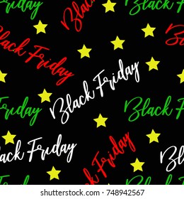 Black Friday seamless repeating pattern. Black Friday written in brush script in colors of red, white, and green (traditional Christmas colors) over black background with yellow stars