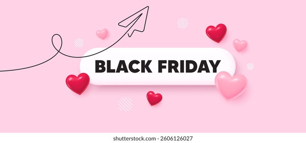 Black friday search bar. Share plane line icon. Black Friday Sale. Special offer price sign. Advertising Discounts symbol. Search button with 3d hearts. Vector