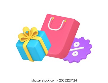 Black friday, seasonal sale, discount with percentage tag label 3d icon colorful template isometric vector illustration. Festive retail merchandise with cardboard gift box and shopping bag isolated