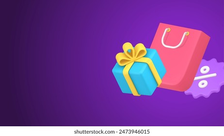 Black friday, seasonal sale, discount with percentage tag label 3d icon colorful template isometric vector illustration. Festive retail merchandise with cardboard gift box and shopping bag isolated