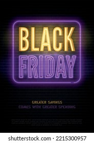 Black friday Seasonal sale yellow purple promo banner design. Mega wholesale casino advert with text space. Crazy discounts neon vector flyer template. Special price offer on brick wall background.