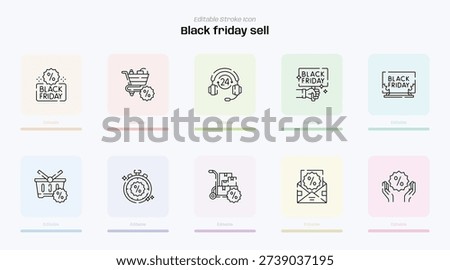 Black friday sell stroke icon. Black friday sell line icon set. editable stroke icon pack. Line, Thin, Linear Style Icon Bundle. Fully Customizable