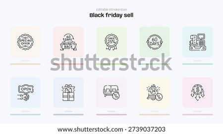 Black friday sell stroke icon. Black friday sell line icon set. editable stroke icon pack. Line, Thin, Linear Style Icon Bundle. Fully Customizable