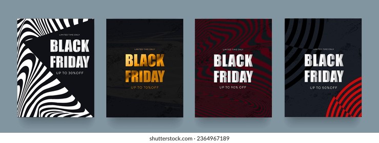 Viernes Negro. Establecer la idea abstracta como el día del viernes negro. Patrón de arte óptico con colores negros, blancos, rojos y dorados. Plantilla para banner, publicidad, afiche, anuncios, portada. Ilustración vectorial.