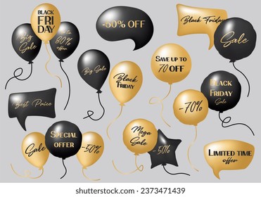 Black Friday set of balls. Glamorous balls of black and gold colors give a special charm to the celebration of Black Friday in stores. Vector illustration.