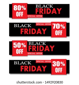 Black Friday set of banners 30%,50%,70%,80% discounts. Season sale banners set. Pattern special offers