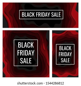 Black Friday set of banners for shops and social media in paper cut style. Social media and highlights paper layered templates. Black and red paper