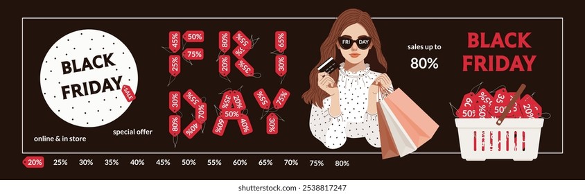 Black Friday set with beautiful young lady holding card and shopping bags. Discount decoration ideas in retro style. Vector illustration