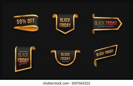 Black Friday set. Black-golden scrolls and banners isolated.