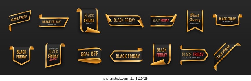 Black Friday set. Black-golden scrolls and banners isolated.