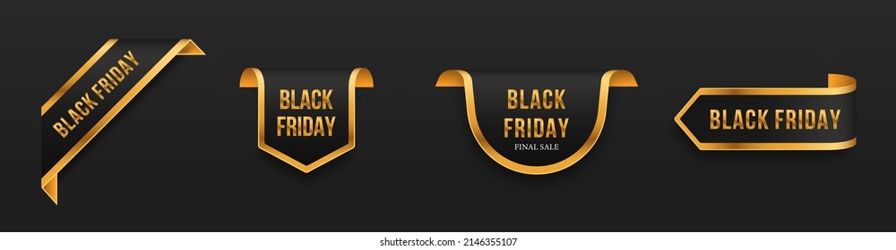 Black Friday set. Black-golden scrolls and banners isolated.