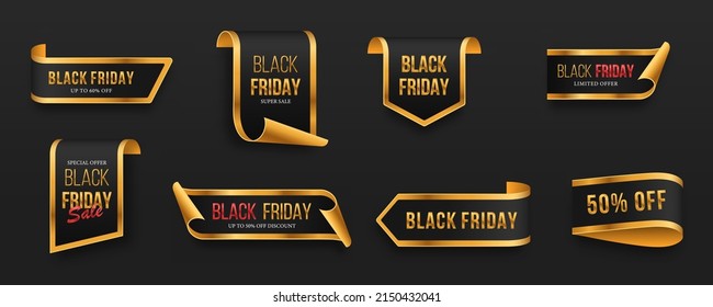 Black Friday set. Black-golden scrolls and banners isolated for advertising promotion, sale text, heading, title decoration, badge, emblem, frame.