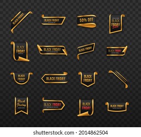 Black Friday set. Blue-golden scrolls and banners isolated.