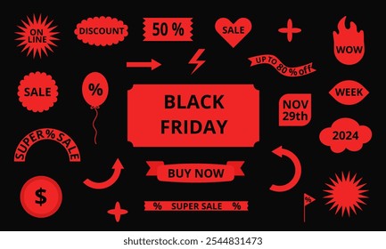 Black Friday set with bright red elements on black background. Sticker templates for sales seasonal promotions
