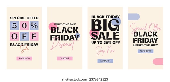 Black Friday set of colorful and trendy templates for social media posts. Promo backgrounds and backdrops with modern elements. 