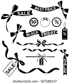 Black friday set. Decorative vector elements, bow and ribbon silhouettes for sale design.