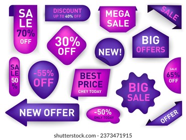 Black Friday set of discount coupons. The purple coupons shown in this illustration have a bright design and carry nice bonuses. Vector illustration.