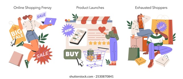 Black Friday set. Ecstatic shoppers engaging in online sales, new product releases, with weary buyers resting amid bags. Vector illustration.