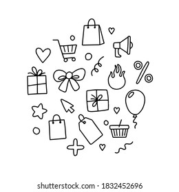 Black friday set of elements, doodle vector illustration