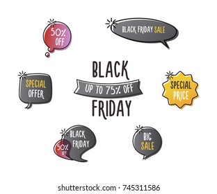 Black Friday set of fun labels, tags, speech bubbles, banners, logos, icons. Hand drawn doodle vector design set