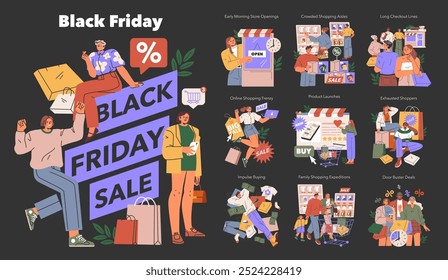 Predefinição: Black Friday. Ilustra a emoção e o caos da temporada de vendas com as primeiras lojas, corredores lotados e longas filas. Os compradores procuram ofertas, lançamentos de produtos e compras impulsivas. Vetor