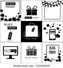 Black Friday A set of nine on white and black background.Set for card greeting badge save and sale.Banner template.