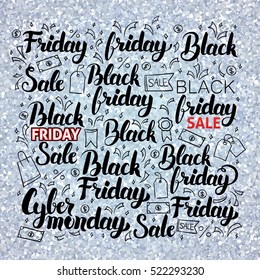 Black Friday Set over Silver. Vector Illustration of Hand Drawn Shopping Sale Calligraphy.