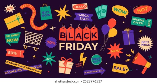 Black Friday definido para promoção e venda. Ilustração de vetor plano