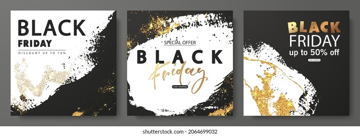 Black friday set of promotional cards with brush strokes and gold sparkles.Banners for commercial events, discounts, black friday shopping, promotional material, sale, product promotion. Vector illust