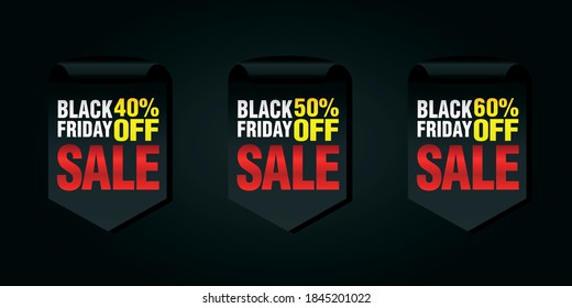 Black friday set of sale badges 40%, 50%, 60% off. Vector illustration