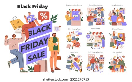 Predefinição: Black Friday. Os compradores se envolvem no frenesi de venda com as primeiras aberturas de lojas, corredores lotados e ofertas on-line. Experiências familiares e individuais dos consumidores. Ilustração vetorial.