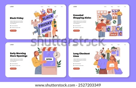 Black Friday set. Shoppers engaging in holiday sales, experiencing crowded stores and long lines at checkout. Early openings captivate eager customers. Vector illustration.