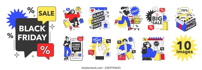 Black friday set. Shopping cart and bags with goods and presents. Offline and online shopping with a big discount and special offer. Promo advertising. Flat vector illustration