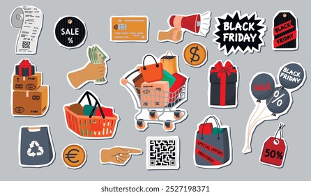 Black Friday set with shopping objects.Cartoon collection of stickers isolated on gray.Balloons, bags, boxes, gifts, quick-read code, sales receipt, hand with money,card,handwritten.Vector flat design