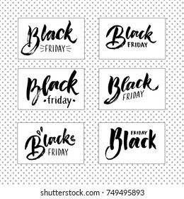 Black Friday. Set of six logotypes for design of advertising banners, flyers etc. Hand lettering with white isolated background