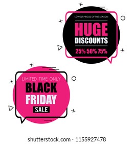 Black friday set of trendy flat geometric vector bubbles. Vivid transparent banners in retro poster design style. Bright colors and shapes. Pink and yellow colors.