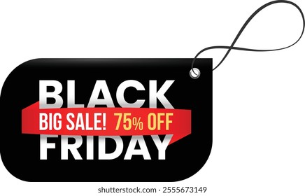 Black friday seventy five percent off discount tag with red ribbon and string hanging on white background promoting seasonal shopping deals
